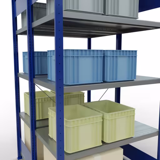 Abbildung Nr 13 des Artikels Grundregal, Doppelregal, Fachbodenregal Stecksystem MULTIplus250, 2000 x 1000 x (2x600) mm (HxBxT), 2x5 Fachböden, Kreuzstrebe, RAL 5010 enzianblau aus der Produktgruppe Fachbodenregale von der Marke Schulte Lagertechnik