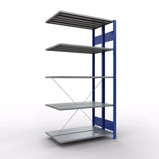 Anbauregal, Doppelregal, Fachbodenregal Stecksystem MULTIplus150, 2000 x 1000 x (2x300) mm (HxBxT), 2x5 Fachböden, Kreuzstrebe, RAL 5010 enzianblau aus der Kategorie Doppelregale mit der Artikelnummer 32735-B