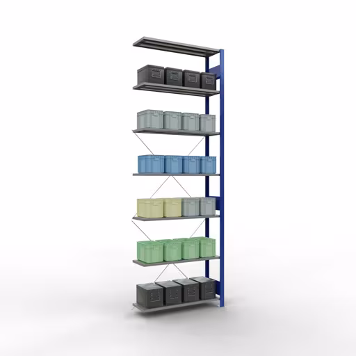 Zusatzbild des Artikels Anbauregal, Fachbodenregal Stecksystem MULTIplus150, 3000 x 1000 x 300 mm (HxBxT), 7 Fachböden, Kreuzstrebe, RAL 5010/verzinkt aus Anbauregal