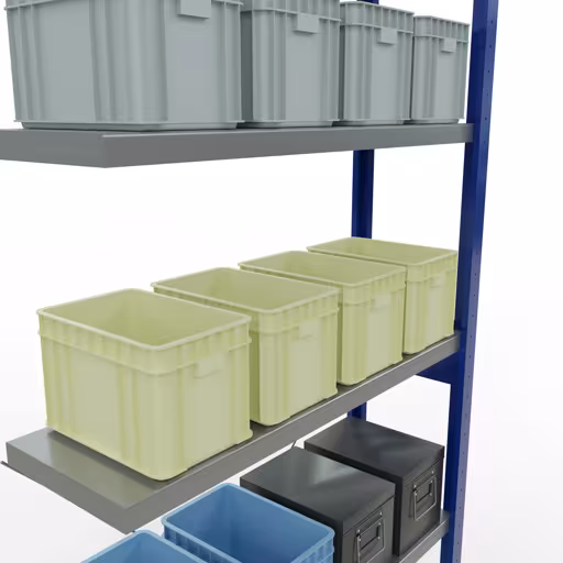 Andere Ansicht des Artikels Anbauregal, Fachbodenregal Stecksystem MULTIplus250, 2500 x 1000 x 300 mm (HxBxT), 6 Fachböden, Kreuzstrebe, RAL 5010 enzianblau/verzinkt aus der Kategorie Stecksystem