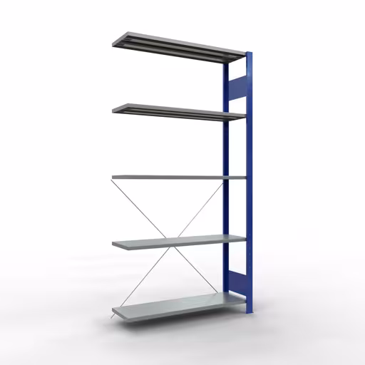 Anbauregal, Fachbodenregal Stecksystem MULTIplus150, 2000 x 1000 x 300 mm (HxBxT), 5 Fachböden, Kreuzstrebe, RAL 5010/verzinkt aus der Kategorie Anbauregal mit der Artikelnummer 12635-B