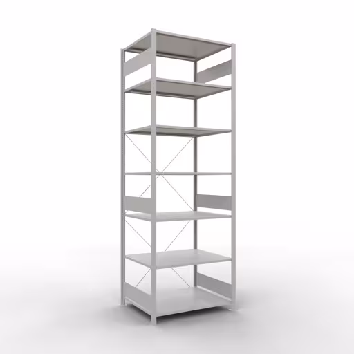 Grundregal, Fachbodenregal Stecksystem MULTIplus150, 3000 x 1000 x 800 mm (HxBxT), 7 Fachböden, Kreuzstrebe, RAL 7035 lichtgrau aus der Kategorie Anbauregal mit der Artikelnummer 32682