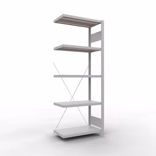 Anbauregal, Fachbodenregal Stecksystem MULTIplus250, 2000 x 750 x 400 mm (HxBxT), 5 Fachböden, Kreuzstrebe, RAL 7035 lichtgrau aus der Kategorie Anbauregal mit der Artikelnummer 32845-75