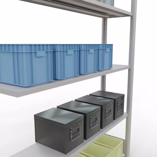 Zusatzbild des Artikels Anbauregal, Fachbodenregal Stecksystem MULTIplus150, 2000 x 1300 x 300 mm (HxBxT), 5 Fachböden, Längenriegel, RAL 7035 lichtgrau aus Anbauregal