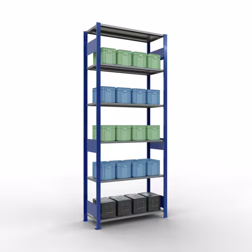 Andere Ansicht des Artikels Grundregal, Fachbodenregal Stecksystem MULTIplus150, 2500 x 1000 x 400 mm (HxBxT), 6 Fachböden, Längenriegel, RAL 5010 enzianblau/verzinkt aus der Kategorie Grundregal
