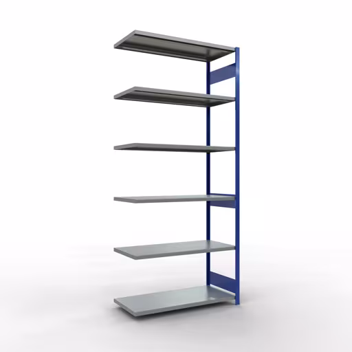Anbauregal, Fachbodenregal Stecksystem MULTIplus250, 3000 x 1300 x 600 mm (HxBxT), 7 Fachböden, Längenriegel, RAL 5010 enzianblau/verzinkt aus der Kategorie Anbauregal mit der Artikelnummer 12967-130-LR-B
