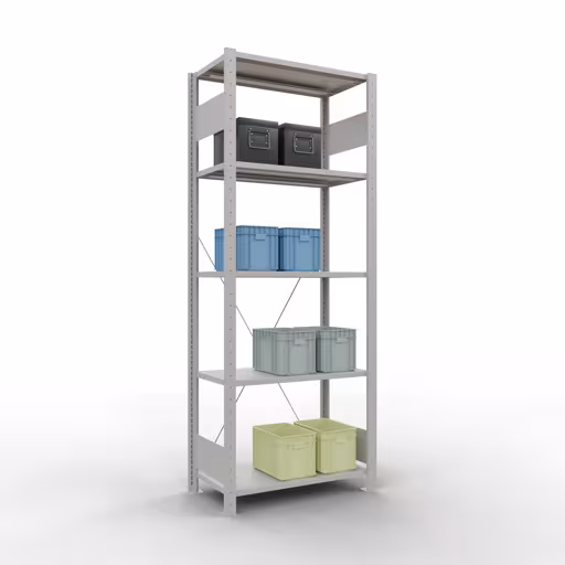 Andere Ansicht des Artikels Grundregal, Fachbodenregal Stecksystem MULTIplus150, 2000 x 750 x 400 mm (HxBxT), 5 Fachböden, Kreuzstrebe, RAL 7035 lichtgrau Andere Ansicht des Artikels Grundregal, Fachbodenregal Stecksystem MULTIplus150, 2000 x 750 x 400 mm (HxBxT), 5 Fachböden, Kreuzstrebe, RAL 7035 lichtgrau aus der Kategorie Stecksystem