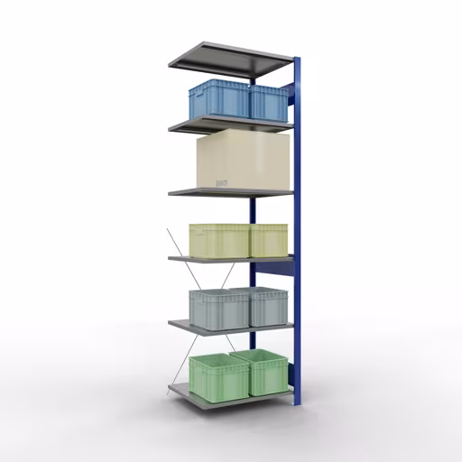 Anbauregal, Fachbodenregal Stecksystem MULTIplus150, 2500 x 750 x 600 mm (HxBxT), 6 Fachböden, Kreuzstrebe, RAL 5010 enzianblau/verzinkt/verzinkt von Schulte Lagertechnik aus der Kategorie Stecksystem