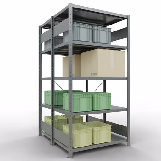 Grundregal, Doppelregal, Fachbodenregal Stecksystem MULTIplus250, 2000 x 1000 x (2x600) mm (HxBxT), 2x5 Fachböden, Kreuzstrebe, verzinkt mit der GTIN 4004514286154 Grundregal, Doppelregal, Fachbodenregal Stecksystem MULTIplus250, 2000 x 1000 x (2x600) mm (HxBxT), 2x5 Fachböden, Kreuzstrebe, verzinkt von Schulte Lagertechnik mit der Artikelnr. 14260-G