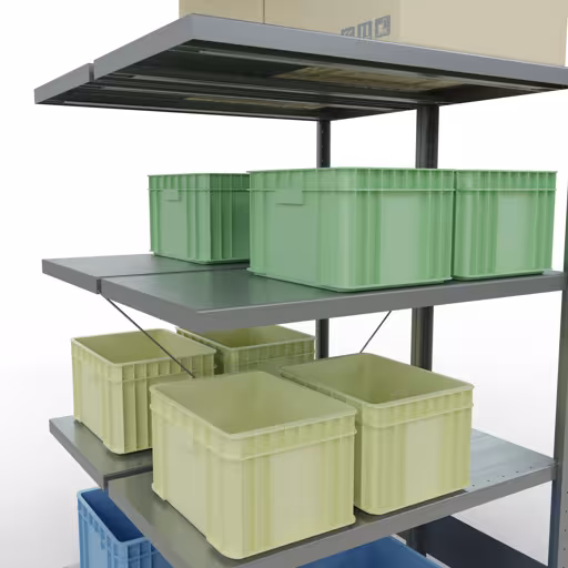 Zusatzbild des Artikels Anbauregal, Doppelregal, Fachbodenregal Stecksystem MULTIplus250, 2000 x 1000 x (2x500) mm (HxBxT), 2x5 Fachböden, Kreuzstrebe, verzinkt aus Doppelregale