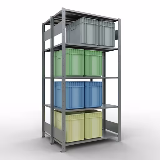 Grundregal, Doppelregal, Fachbodenregal Stecksystem MULTIplus150, 2000 x 1000 x (2x400) mm (HxBxT), 2x5 Fachböden, Längenriegel, verzinkt von Schulte Lagertechnik mit der Artikelnr. 17840