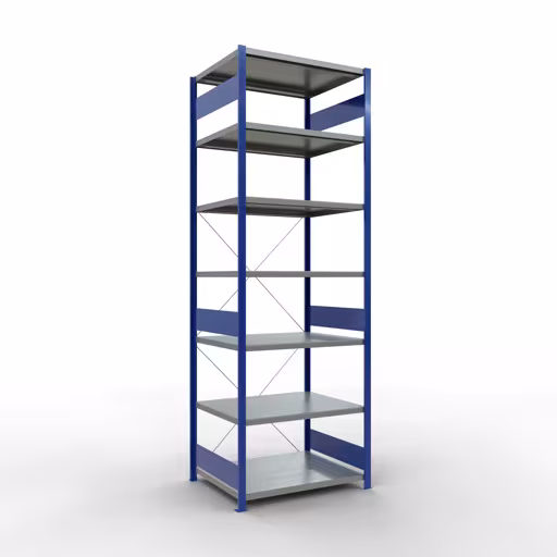 Grundregal, Fachbodenregal Stecksystem MULTIplus330, 3000 x 1000 x 800 mm (HxBxT), 7 Fachböden, Kreuzstrebe, RAL 5010 enzianblau/verzinkt aus der Kategorie Grundregal mit der Artikelnummer 13982-B