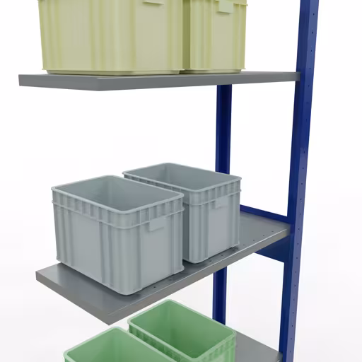 Zusatzbild des Artikels Anbauregal, Fachbodenregal Stecksystem MULTIplus150, 2500 x 750 x 300 mm (HxBxT), 6 Fachböden, Längenriegel, RAL 5010 enzianblau/verzinkt/verzinkt aus Anbauregal
