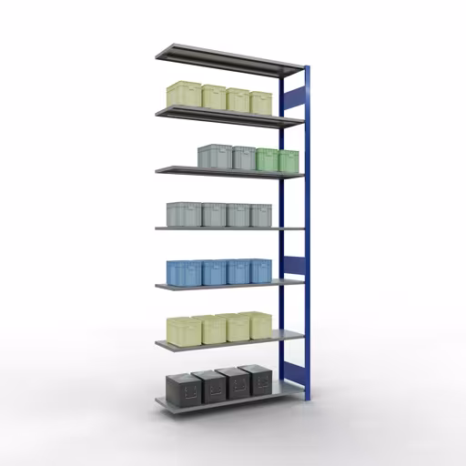 Anbauregal, Fachbodenregal Stecksystem MULTIplus150, 3000 x 1300 x 400 mm (HxBxT), 7 Fachböden, Längenriegel, RAL 5010 enzianblau/verzinkt von Schulte Lagertechnik aus der Kategorie Stecksystem