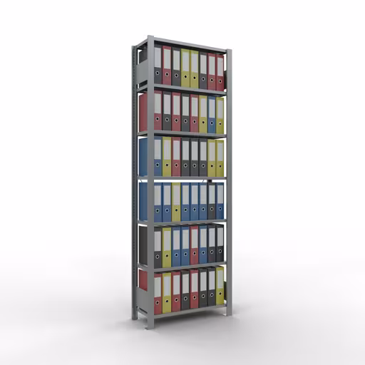 Grundregal, Büro-Fachbodenregal Stecksystem MULTIplus85, 2300 x 750 x 300 mm (HxBxT), 7 Fachböden, Kreuzstrebe, verzinkt, ohne Anschlagleiste von Schulte Lagertechnik mit der Artikelnr. 17730