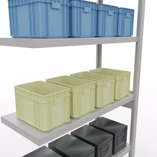 Abbildung Nr 11 des Artikels Anbauregal, Fachbodenregal Stecksystem MULTIplus330, 2500 x 1000 x 400 mm (HxBxT), 6 Fachböden, Längenriegel, RAL 7035 lichtgrau aus der Produktgruppe Stecksystem von der Marke Schulte Lagertechnik