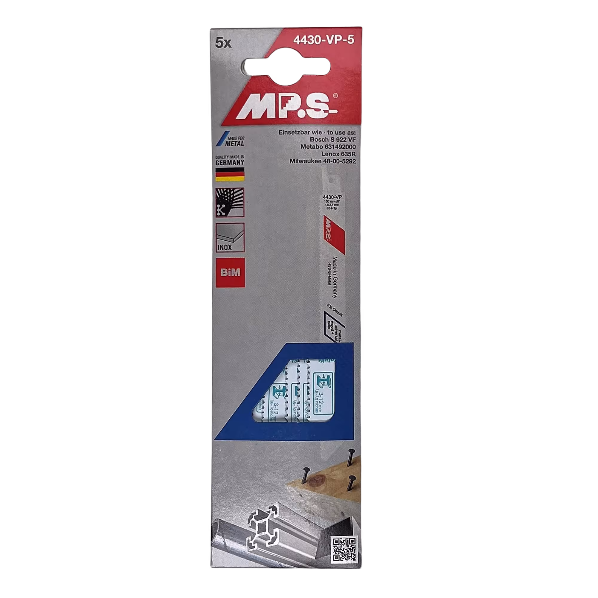 Bi-Metall-Säbelsägeblatt gefräst und geschränkt Gesamtlänge 150/verzahnte Länge 130mm, Zahnteilung 1,8-2,5mm #4430-VP-5 von der Marke MPS aus der Kategorie Sägeblätter