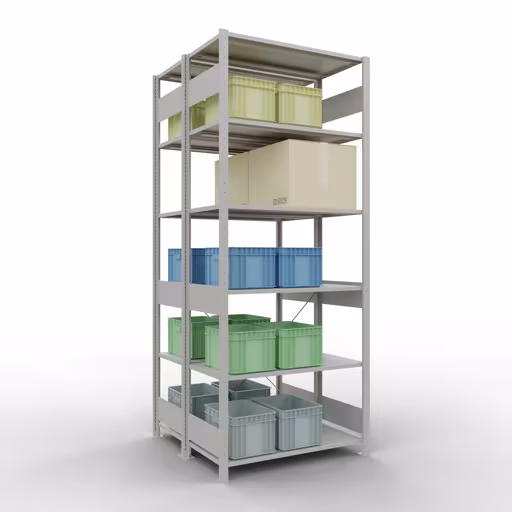 Weitere Ansicht des Artikels Grundregal, Doppelregal, Fachbodenregal Stecksystem MULTIplus150, 2500 x 1000 x (2x500) mm (HxBxT), 2x6 Fachböden, Kreuzstrebe, RAL 7035 lichtgrau aus der Kategorie Fachbodenregale