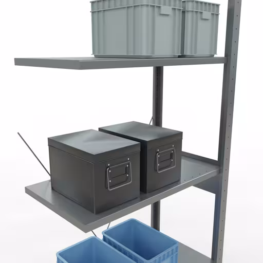 Andere Ansicht des Artikels Anbauregal, Fachbodenregal Stecksystem MULTIplus150, 2500 x 750 x 400 mm (HxBxT), 6 Fachböden, Kreuzstrebe, verzinkt aus der Kategorie Stecksystem