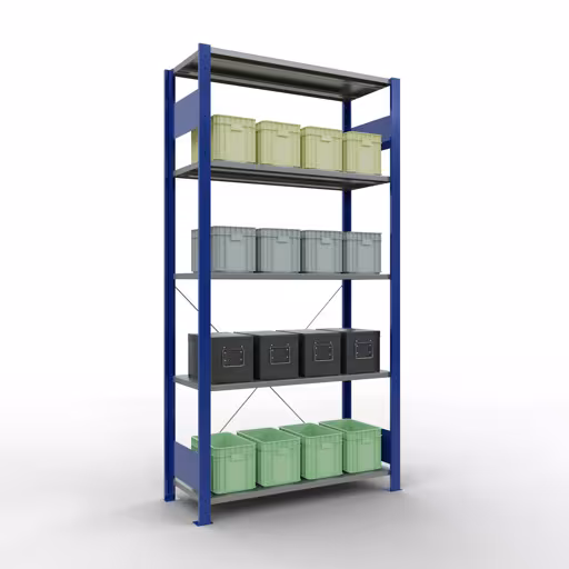 Andere Ansicht des Artikels Grundregal, Fachbodenregal Stecksystem MULTIplus150, 2000 x 1000 x 400 mm (HxBxT), 5 Fachböden, Kreuzstrebe, RAL 5010/verzinkt aus der Kategorie Stecksystem
