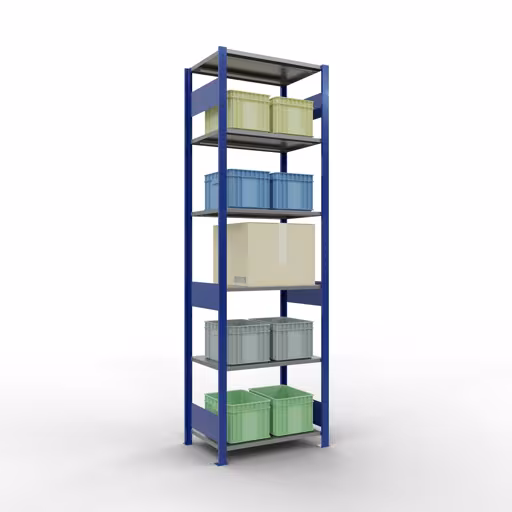 Grundregal, Fachbodenregal Stecksystem MULTIplus150, 2500 x 750 x 500 mm (HxBxT), 6 Fachböden, Längenriegel, RAL 5010 enzianblau/verzinkt/verzinkt von Schulte Lagertechnik mit der Artikelnr. 12751-75-LR-B