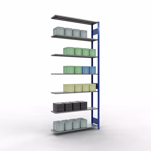Andere Ansicht des Artikels Anbauregal, Fachbodenregal Stecksystem MULTIplus150, 3000 x 1300 x 300 mm (HxBxT), 7 Fachböden, Längenriegel, RAL 5010 enzianblau/verzinkt aus der Kategorie Anbauregal