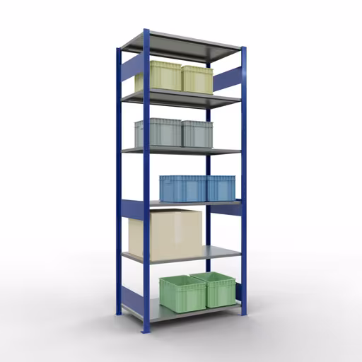 Andere Ansicht des Artikels Grundregal, Fachbodenregal Stecksystem MULTIplus150, 2500 x 1000 x 600 mm (HxBxT), 6 Fachböden, Längenriegel, RAL 5010 enzianblau/verzinkt aus der Kategorie Grundregal