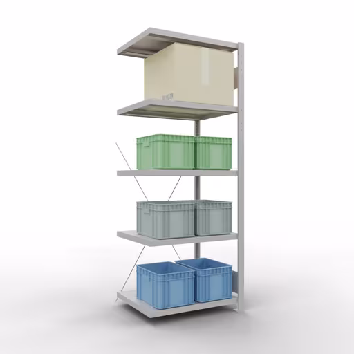 Anbauregal, Fachbodenregal Stecksystem MULTIplus250, 2000 x 750 x 600 mm (HxBxT), 5 Fachböden, Kreuzstrebe, RAL 7035 lichtgrau von Schulte Lagertechnik mit der Artikelnr. 32865-75