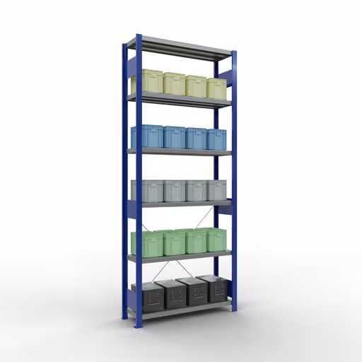 Abbildung Nr 13 des Artikels Grundregal, Fachbodenregal Stecksystem MULTIplus330, 2500 x 1000 x 300 mm (HxBxT), 6 Fachböden, Kreuzstrebe, RAL 5010 enzianblau/verzinkt aus der Produktgruppe Stecksystem von der Marke Schulte Lagertechnik