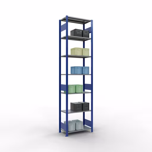 Zusatzbild des Artikels Grundregal, Fachbodenregal Stecksystem MULTIplus150, 3000 x 750 x 400 mm (HxBxT), 7 Fachböden, Längenriegel, RAL 5010 enzianblau/verzinkt/verzinkt aus Grundregal