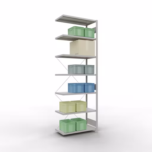 Zusatzbild des Artikels Anbauregal, Fachbodenregal Stecksystem MULTIplus250, 3000 x 1000 x 500 mm (HxBxT), 7 Fachböden, Kreuzstrebe, RAL 7035 lichtgrau aus Anbauregal