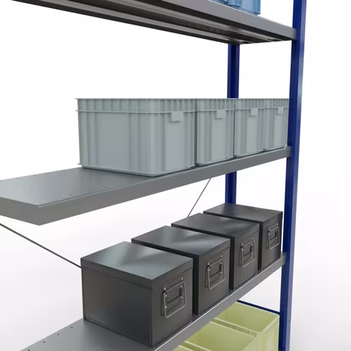 Zusatzbild des Artikels Anbauregal, Fachbodenregal Stecksystem MULTIplus250, 2000 x 1300 x 300 mm (HxBxT), 5 Fachböden, Kreuzstrebe, RAL 5010 enzianblau/verzinkt aus Anbauregal