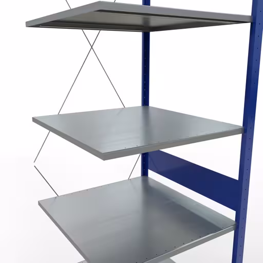 Zusatzbild des Artikels Anbauregal, Fachbodenregal Stecksystem MULTIplus150, 3000 x 750 x 800 mm (HxBxT), 7 Fachböden, Kreuzstrebe, RAL 5010 enzianblau/verzinkt/verzinkt aus Anbauregal