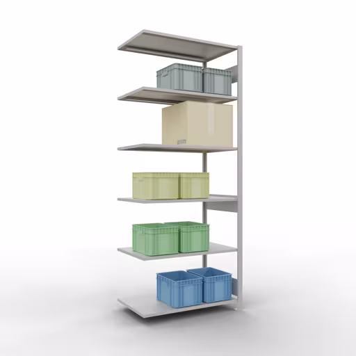 Anbauregal, Fachbodenregal Stecksystem MULTIplus150, 2500 x 1000 x 600 mm (HxBxT), 6 Fachböden, Längenriegel, RAL 7035 lichtgrau mit der GTIN 4004514293350 Anbauregal, Fachbodenregal Stecksystem MULTIplus150, 2500 x 1000 x 600 mm (HxBxT), 6 Fachböden, Längenriegel, RAL 7035 lichtgrau von Schulte Lagertechnik mit der Artikelnr. 32666-LR