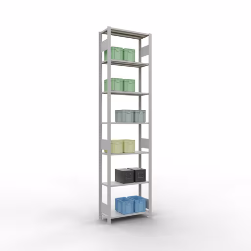 Grundregal, Fachbodenregal Stecksystem MULTIplus150, 3000 x 750 x 300 mm (HxBxT), 7 Fachböden, Längenriegel, RAL 7035 lichtgrau von Schulte Lagertechnik mit der Artikelnr. 32632-75-LR