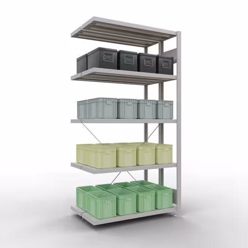 Produktbild Nr.6 des Artikels Anbauregal, Doppelregal, Fachbodenregal Stecksystem MULTIplus250, 2000 x 1000 x (2x300) mm (HxBxT), 2x5 Fachböden, Kreuzstrebe, RAL 7035 lichtgrau aus der Produktreihe Fachbodenregale von der Marke Schulte Lagertechnik