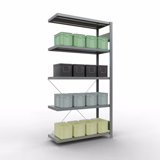 Produktbild Nr.14 des Artikels Anbauregal, Fachbodenregal Stecksystem MULTIplus250, 2000 x 1000 x 400 mm (HxBxT), 5 Fachböden, Kreuzstrebe, verzinkt aus der Produktreihe Stecksystem von der Marke Schulte Lagertechnik