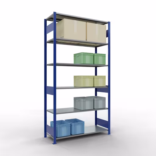 Andere Ansicht des Artikels Grundregal, Fachbodenregal Stecksystem MULTIplus150, 2500 x 1300 x 500 mm (HxBxT), 6 Fachböden, Längenriegel, RAL 5010 enzianblau/verzinkt aus der Kategorie Grundregal
