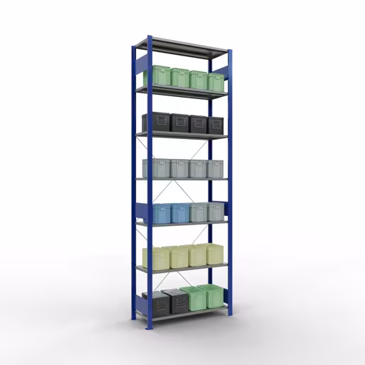 Produktbild Nr.15 des Artikels Grundregal, Fachbodenregal Stecksystem MULTIplus150, 3000 x 1000 x 400 mm (HxBxT), 7 Fachböden, Kreuzstrebe, RAL 5010/verzinkt aus der Produktreihe Stecksystem von der Marke Schulte Lagertechnik