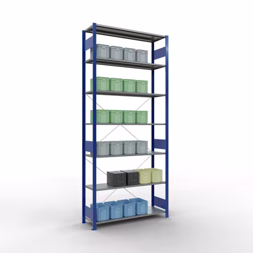 Grundregal, Fachbodenregal Stecksystem MULTIplus150, 3000 x 1300 x 400 mm (HxBxT), 7 Fachböden, Kreuzstrebe, RAL 5010 enzianblau/verzinkt von Schulte Lagertechnik aus der Kategorie Stecksystem