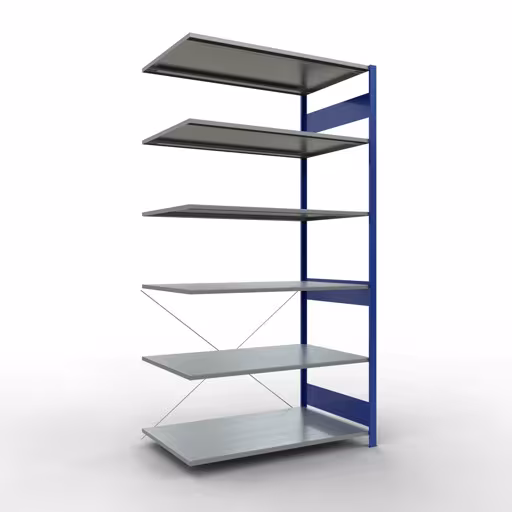 Anbauregal, Fachbodenregal Stecksystem MULTIplus150, 2500 x 1300 x 800 mm (HxBxT), 6 Fachböden, Kreuzstrebe, RAL 5010 enzianblau/verzinkt aus der Kategorie Anbauregal mit der Artikelnummer 12786-130-B