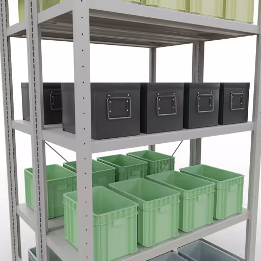 Produktbild Nr.8 des Artikels Grundregal, Doppelregal, Fachbodenregal Stecksystem MULTIplus250, 2000 x 1000 x (2x400) mm (HxBxT), 2x5 Fachböden, Kreuzstrebe, RAL 7035 lichtgrau aus der Produktreihe Fachbodenregale von der Marke Schulte Lagertechnik