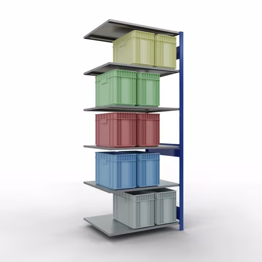 Andere Ansicht des Artikels Anbauregal, Fachbodenregal Stecksystem MULTIplus150, 2500 x 1000 x 800 mm (HxBxT), 6 Fachböden, Längenriegel, RAL 5010 enzianblau/verzinkt aus der Kategorie Anbauregal