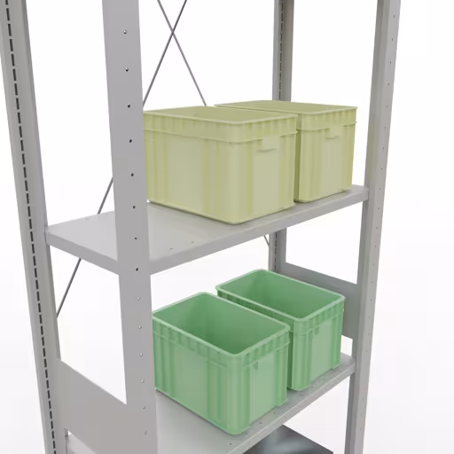Grundregal, Fachbodenregal Stecksystem MULTIplus150, 3000 x 750 x 300 mm (HxBxT), 7 Fachböden, Kreuzstrebe, RAL 7035 lichtgrau von Schulte Lagertechnik aus der Kategorie Stecksystem