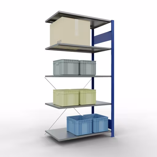 Abbildung Nr 16 des Artikels Anbauregal, Fachbodenregal Stecksystem MULTIplus85, 2000 x 1000 x 600 mm (HxBxT), 5 Fachböden, Kreuzstrebe, RAL 5010 enzianblau aus der Produktgruppe Stecksystem von der Marke Schulte Lagertechnik