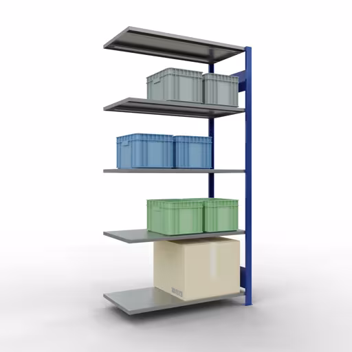 Anbauregal, Fachbodenregal Stecksystem MULTIplus85, 2000 x 1000 x 500 mm (HxBxT), 5 Fachböden, Längenriegel, RAL 5010 enzianblau von der Marke Schulte Lagertechnik aus der Produktreihe Stecksystem