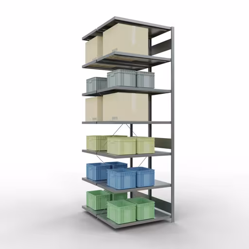 Anbauregal, Doppelregal, Fachbodenregal Stecksystem MULTIplus250, 3000 x 1000 x (2x600) mm (HxBxT), 2x7 Fachböden, Kreuzstrebe, verzinkt von Schulte Lagertechnik mit der Artikelnr. 14267-A