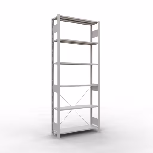 Grundregal, Fachbodenregal Stecksystem MULTIplus85, 2500 x 1000 x 300 mm (HxBxT), 6 Fachböden, Kreuzstrebe, RAL 7035 lichtgrau aus der Kategorie Grundregal mit der Artikelnummer 33031