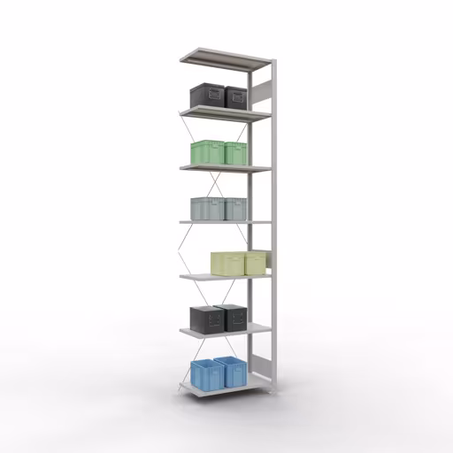 Anbauregal, Fachbodenregal Stecksystem MULTIplus150, 3000 x 750 x 400 mm (HxBxT), 7 Fachböden, Kreuzstrebe, RAL 7035 lichtgrau von der Marke Schulte Lagertechnik aus der Produktreihe Stecksystem