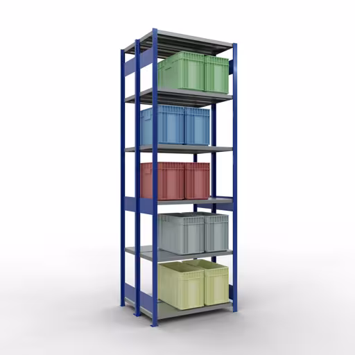 Grundregal, Doppelregal, Fachbodenregal Stecksystem MULTIplus250, 3000 x 1000 x (2x400) mm (HxBxT), 2x7 Fachböden, Längenriegel, RAL 5010 enzianblau aus der Kategorie Doppelregale mit der GTIN 4058255035755 Grundregal, Doppelregal, Fachbodenregal Stecksystem MULTIplus250, 3000 x 1000 x (2x400) mm (HxBxT), 2x7 Fachböden, Längenriegel, RAL 5010 enzianblau von der Marke Schulte Lagertechnik aus der Produktreihe Fachbodenregale